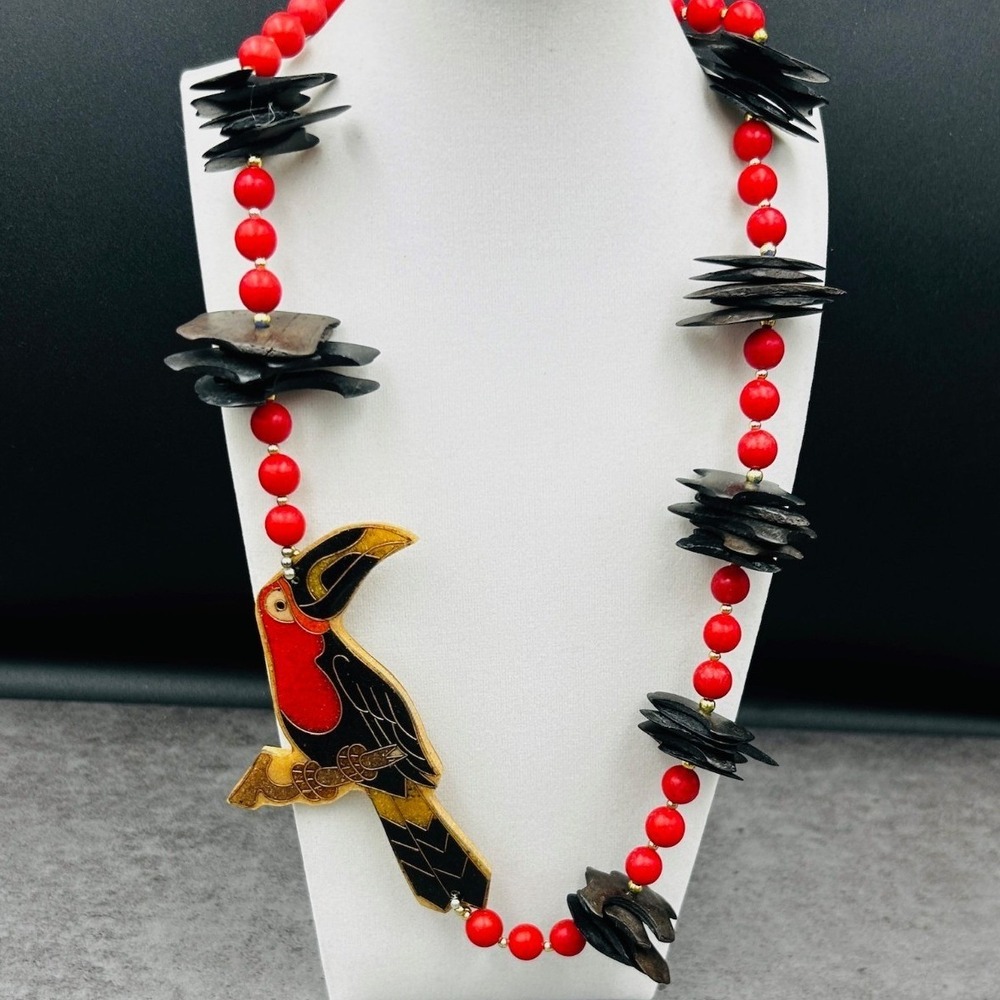 Red Bead Toucan Pendant Necklace w/ Wood Accents Tropical Statement